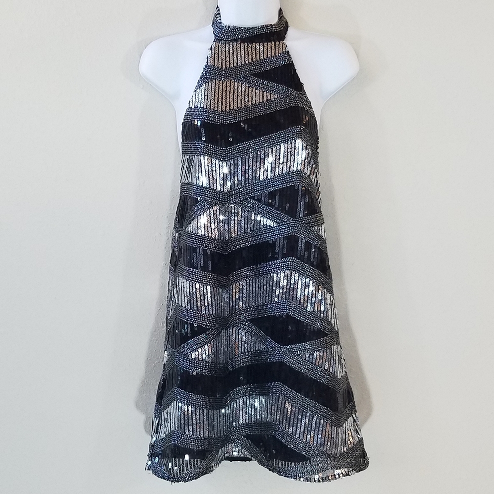 SHOW ME YOUR MUMU Black/Silver Sequin Halter Dress